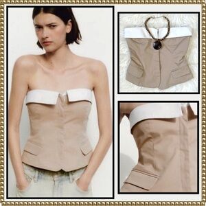 Zara Beige and White Strapless Corset Top
